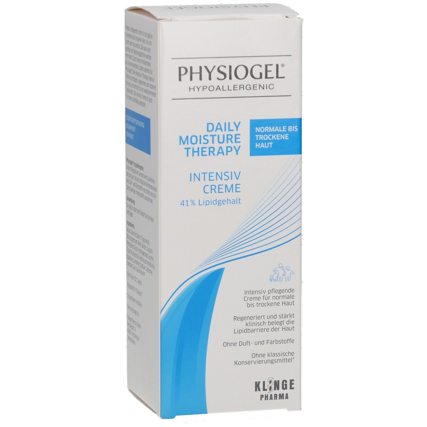 PHYSIOGEL® Daily Moisture Therapy Intensiv Creme. Weiße Faltschachtel mit blauen Akzenten. Text: Normale bis trockene Haut, 41% Lipid. Klinge Pharma.