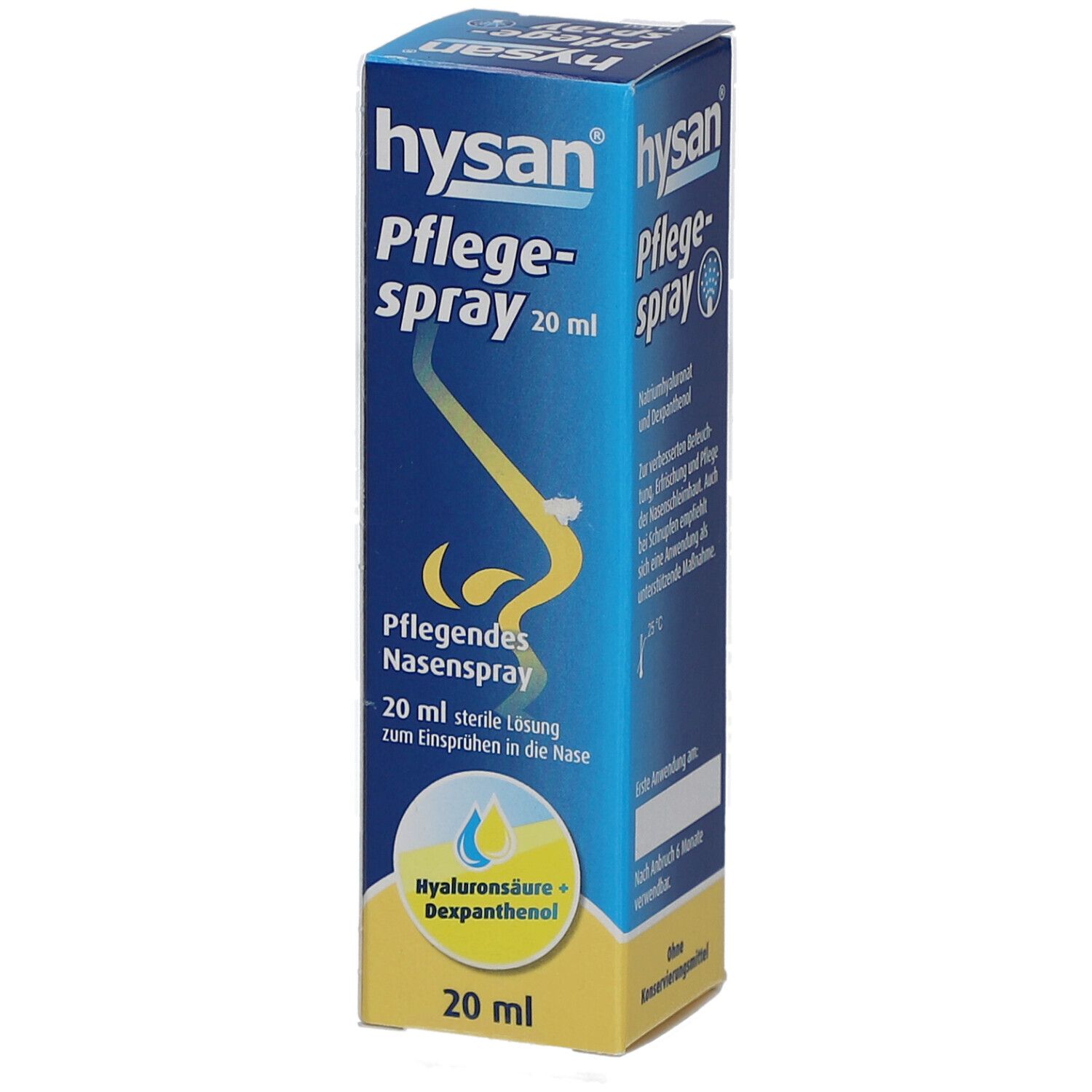 Blau-gelbe Schachtel mit Produktnamen Hysan Pflegespray. Enthält 20 ml sterile Lösung. Aufgedruckt sind Logos und Produktinformationen.