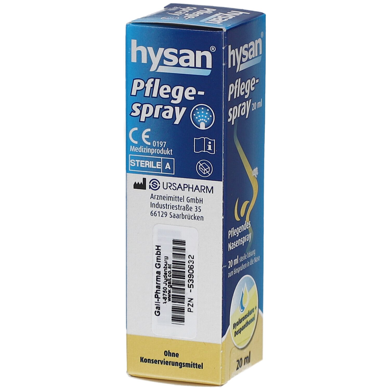 Blau-gelbe Schachtel Hysan Pflegespray. Aufgedruckt sind Logos, Produktinformationen, CE-Kennzeichnung und Herstelleradresse.