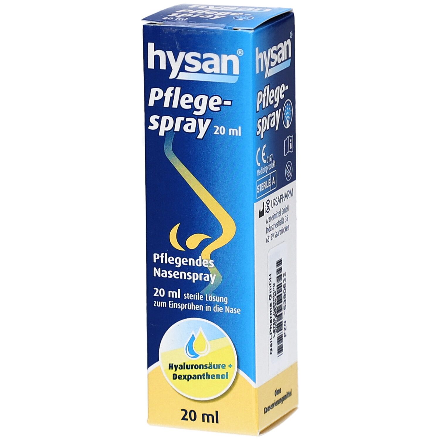 Blau-gelbe Schachtel Hysan Pflegespray. Produktinformationen, Logos und Inhaltsstoffe sind aufgedruckt. Enthält 20 ml.
