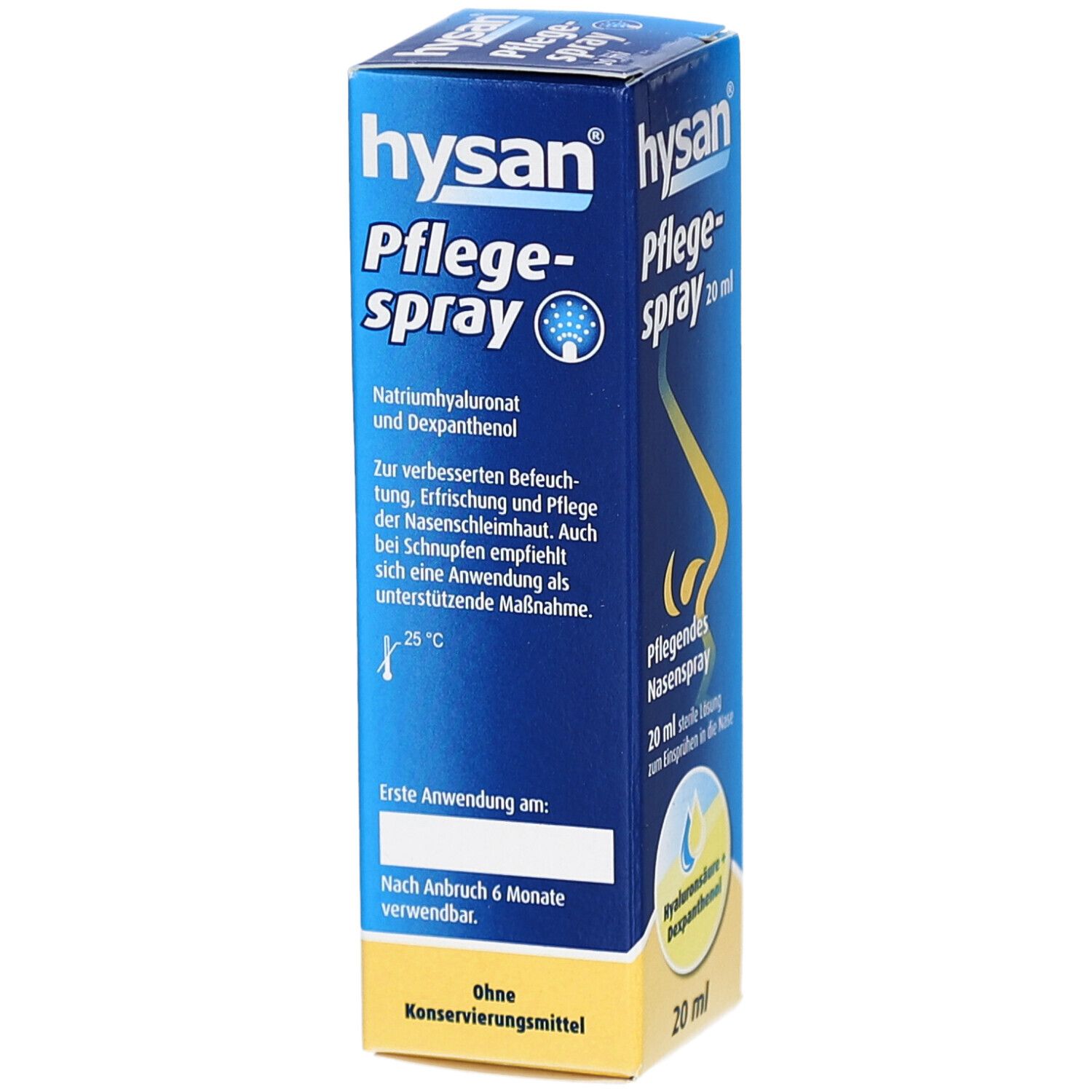 Blau-gelbe Schachtel Hysan Pflegespray. Enthält Produktinformationen, Inhaltsstoffe und Anwendungshinweise. 20 ml.