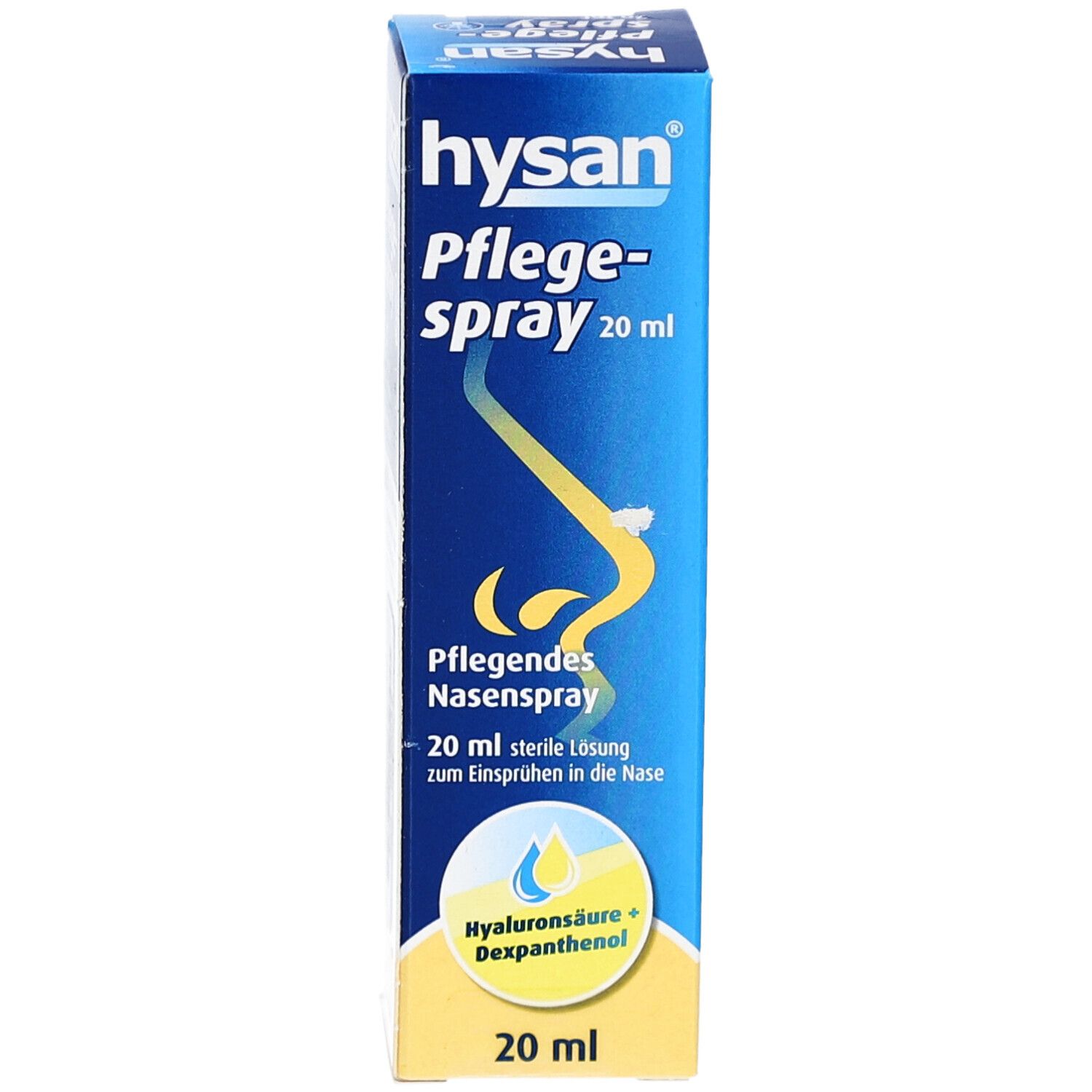 Blau-gelbe Schachtel Hysan Pflegespray. Enthält Produktnamen, Logos und Inhaltsstoffe. 20 ml sterile Lösung.