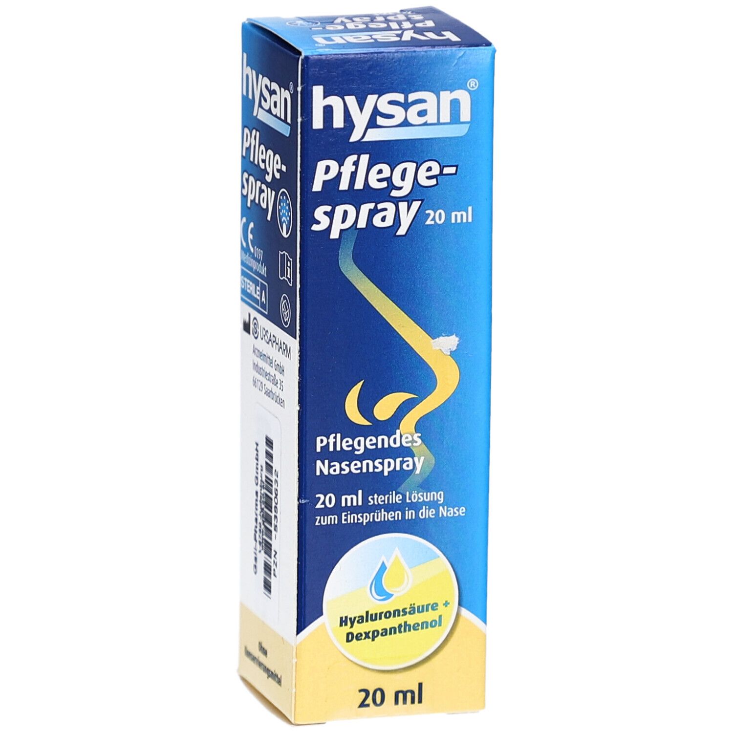 Blau-gelbe Schachtel Hysan Pflegespray. Produktname, Logos, Inhaltsstoffe und CE-Kennzeichnung sind sichtbar.