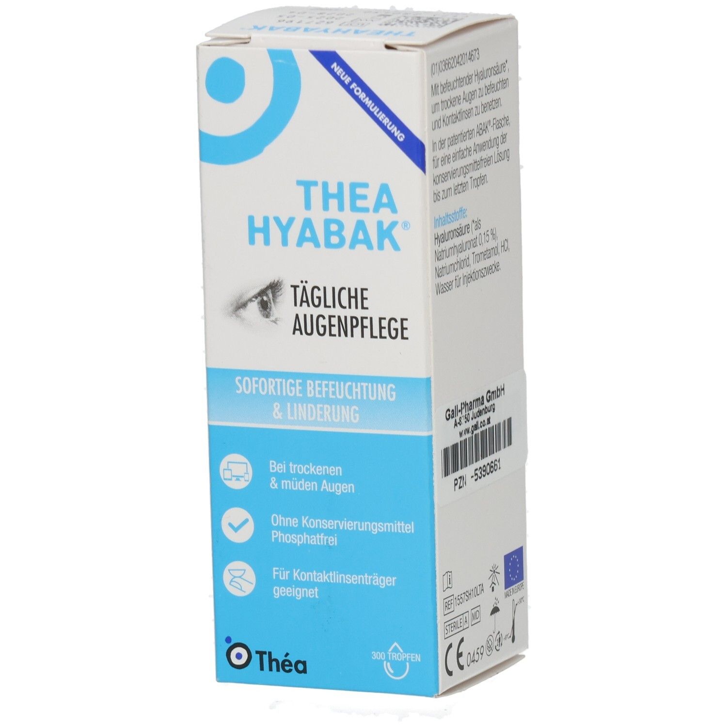 Thea Hyabak Augentropfen-Verpackung. Weiße Schachtel mit blauen Akzenten. Text: Tägliche Augenpflege, sofortige Befeuchtung & Linderung.