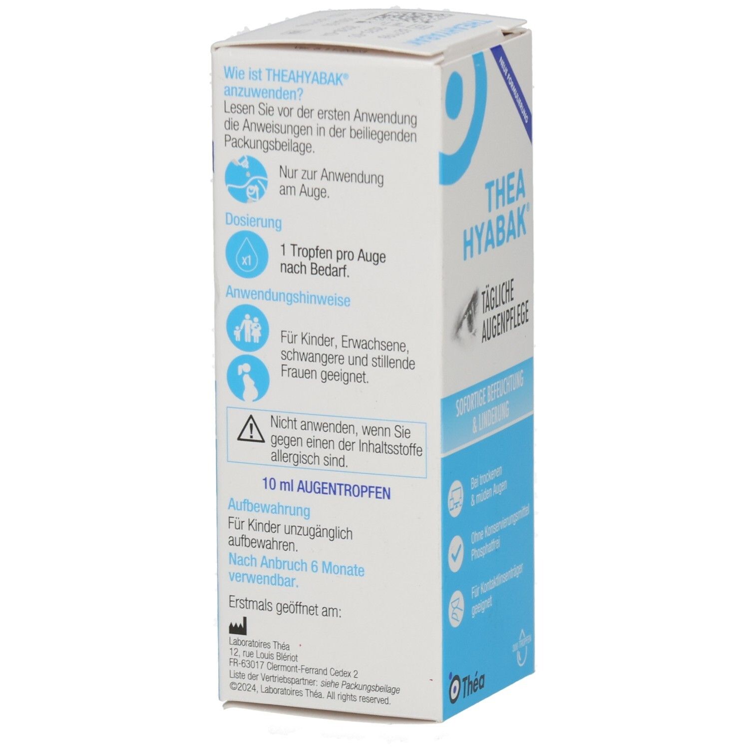 Thea Hyabak-Verpackung. Rückseite mit Text. Informationen zur Anwendung, Dosierung und Aufbewahrung. 10 ml Augentropfen.