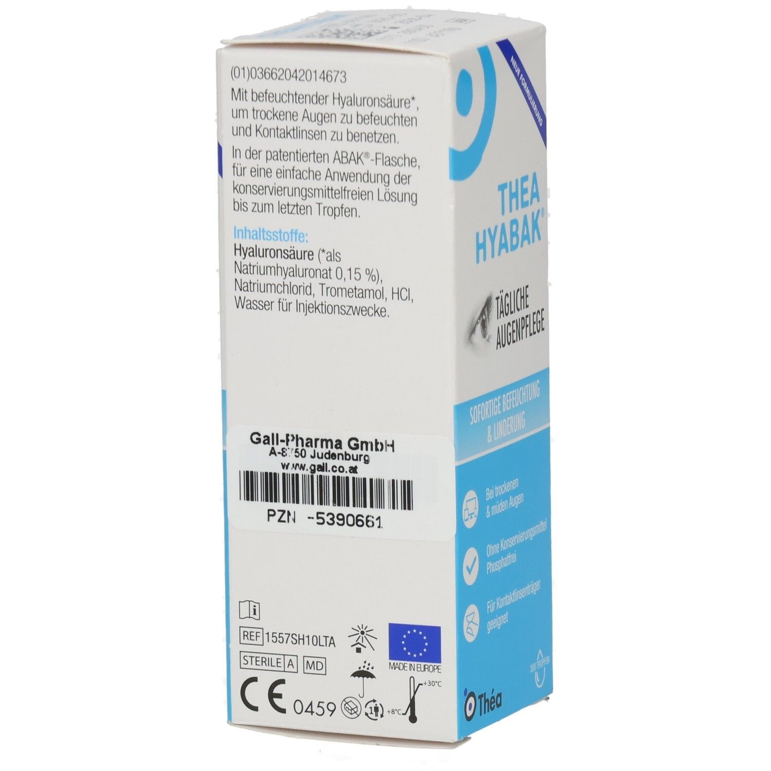 Thea Hyabak-Verpackung. Seitenansicht mit Text. Informationen zu Inhaltsstoffen, Hersteller und Zertifizierungen. CE-Kennzeichnung.