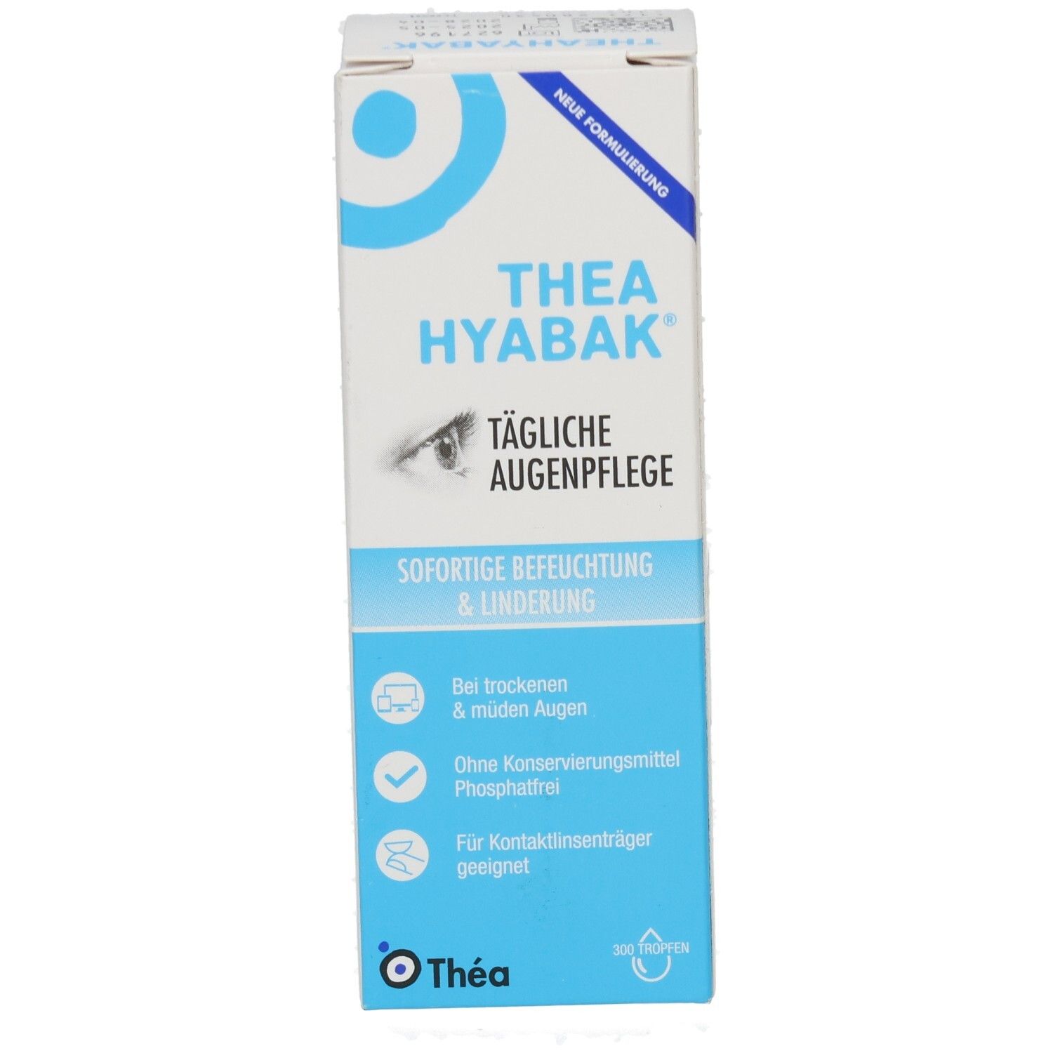 Thea Hyabak-Verpackung. Vorderansicht. Text: Tägliche Augenpflege, sofortige Befeuchtung & Linderung. Blau-weiße Schachtel.