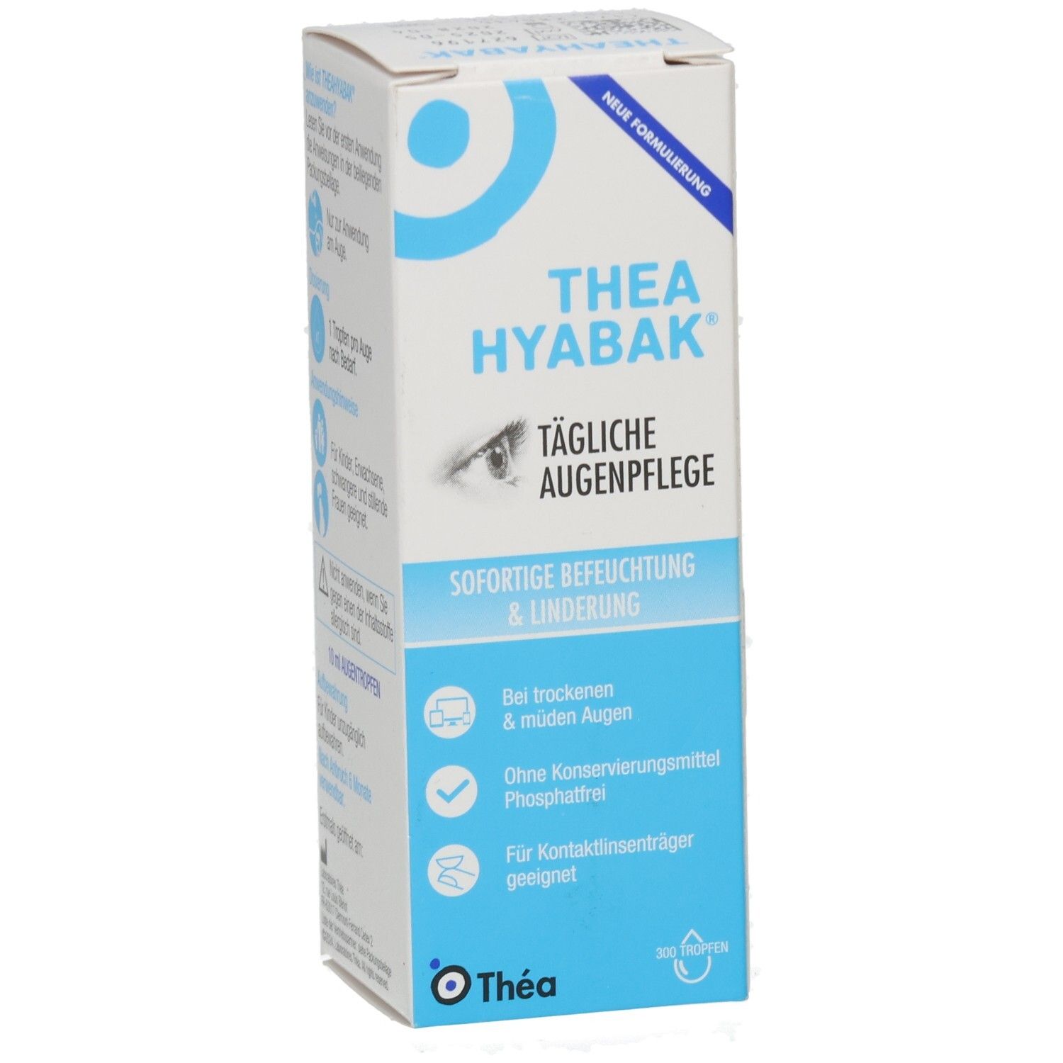 Thea Hyabak-Verpackung. Vorderansicht. Text: Tägliche Augenpflege, sofortige Befeuchtung & Linderung. Blau-weiße Schachtel.