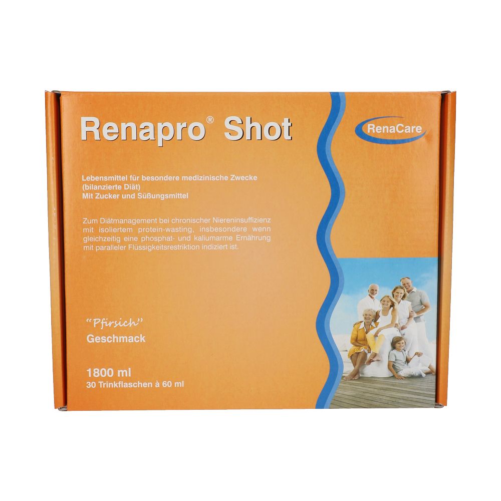 Orangefarbene Schachtel mit "Renapro Shot". Text und Logo. Bild einer Familie. 1800 ml, 30 Trinkflaschen.