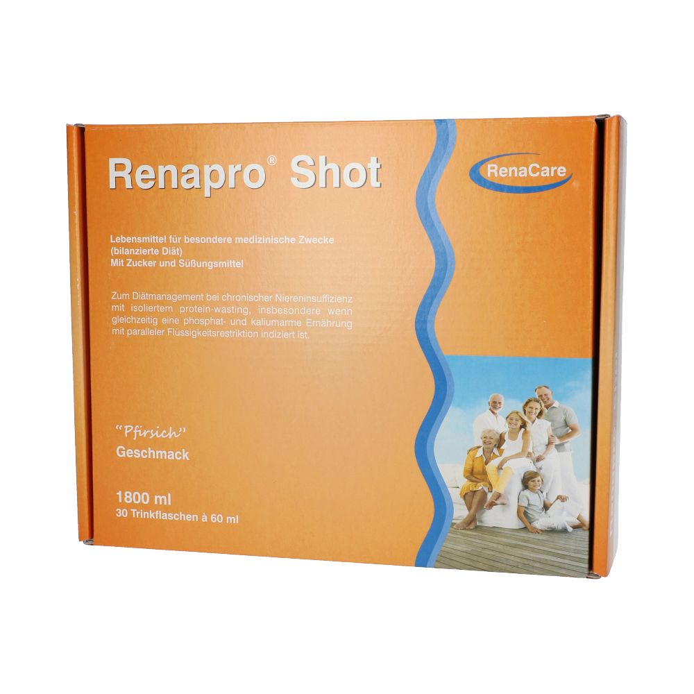 Orangefarbene Schachtel mit "Renapro Shot". Text und Logo. Bild einer Familie. 1800 ml, 30 Trinkflaschen.