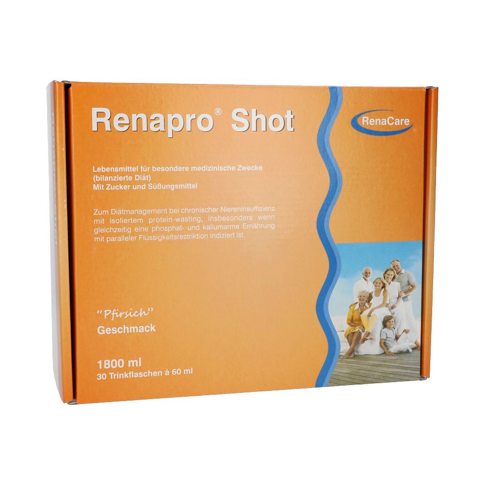Orangefarbene Schachtel mit "Renapro Shot". Text und Logo. Bild einer Familie. 1800 ml, 30 Trinkflaschen.