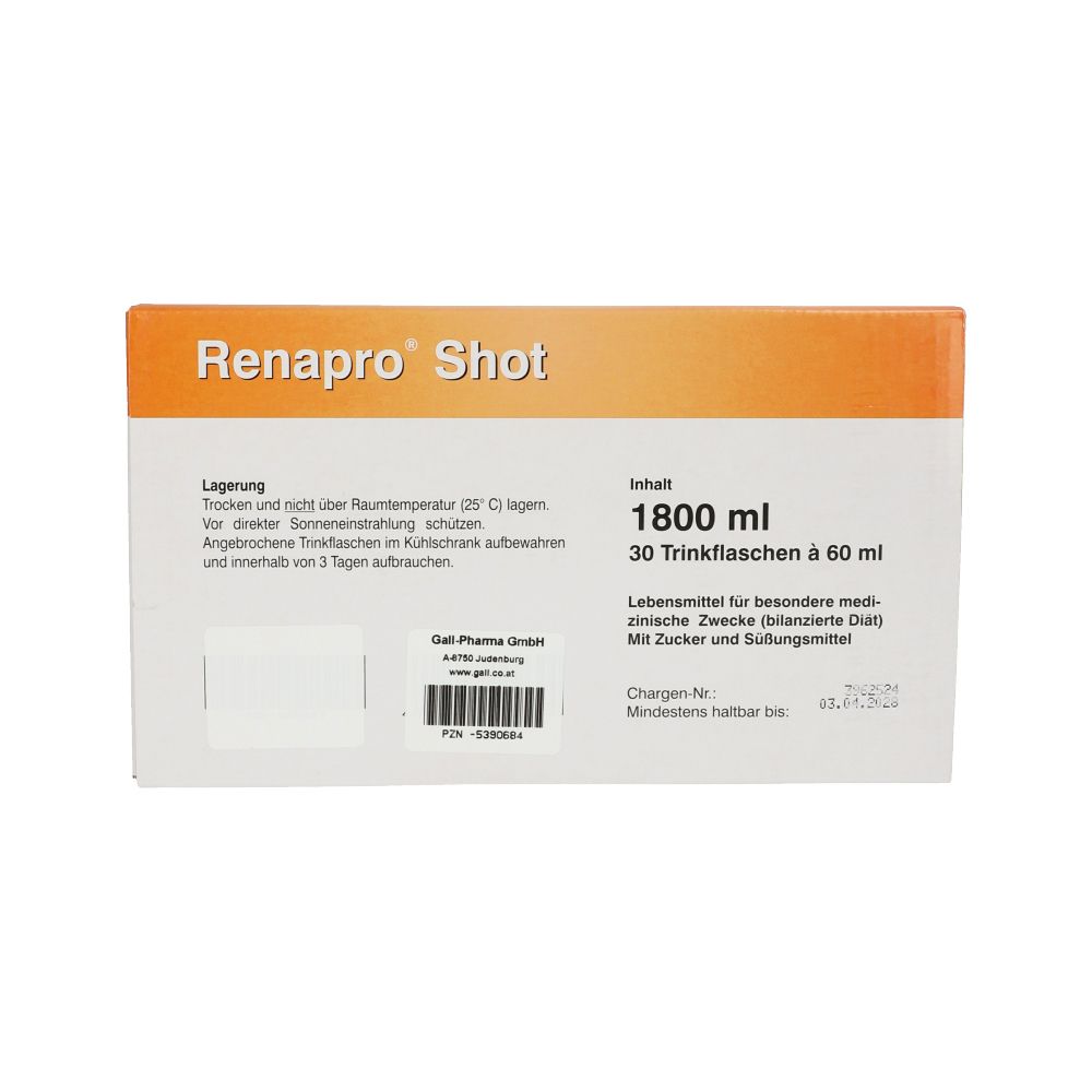 Rückseite der Schachtel. Text: "Renapro Shot". Inhalt: 1800 ml, 30 Trinkflaschen à 60 ml. Mindestens haltbar bis.