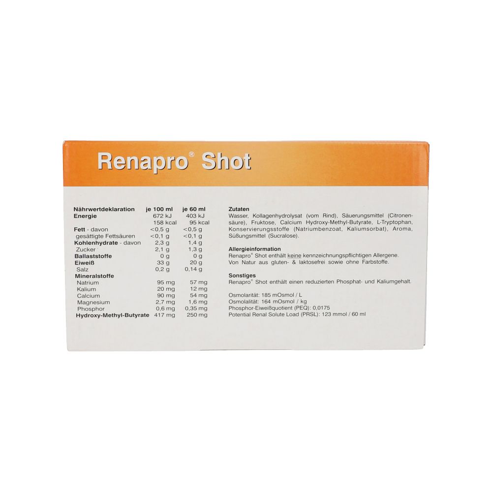 Rückseite der Schachtel. Nährwerttabelle und Zutatenliste für "Renapro Shot".