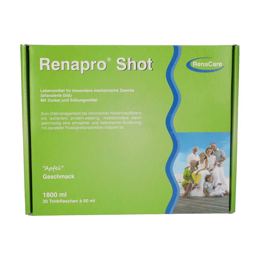 Grüne Schachtel mit "Renapro Shot Apfel". Text: Lebensmittel für besondere medizinische Zwecke. 1800 ml, 30 Flaschen.