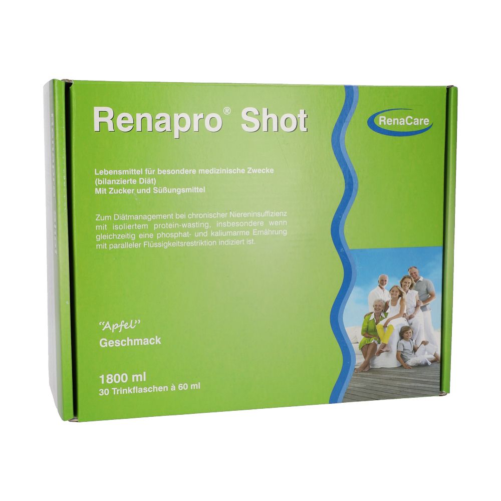Grüne Schachtel "Renapro Shot Apfel". Text: Lebensmittel für besondere medizinische Zwecke. 1800 ml, 30 Flaschen.