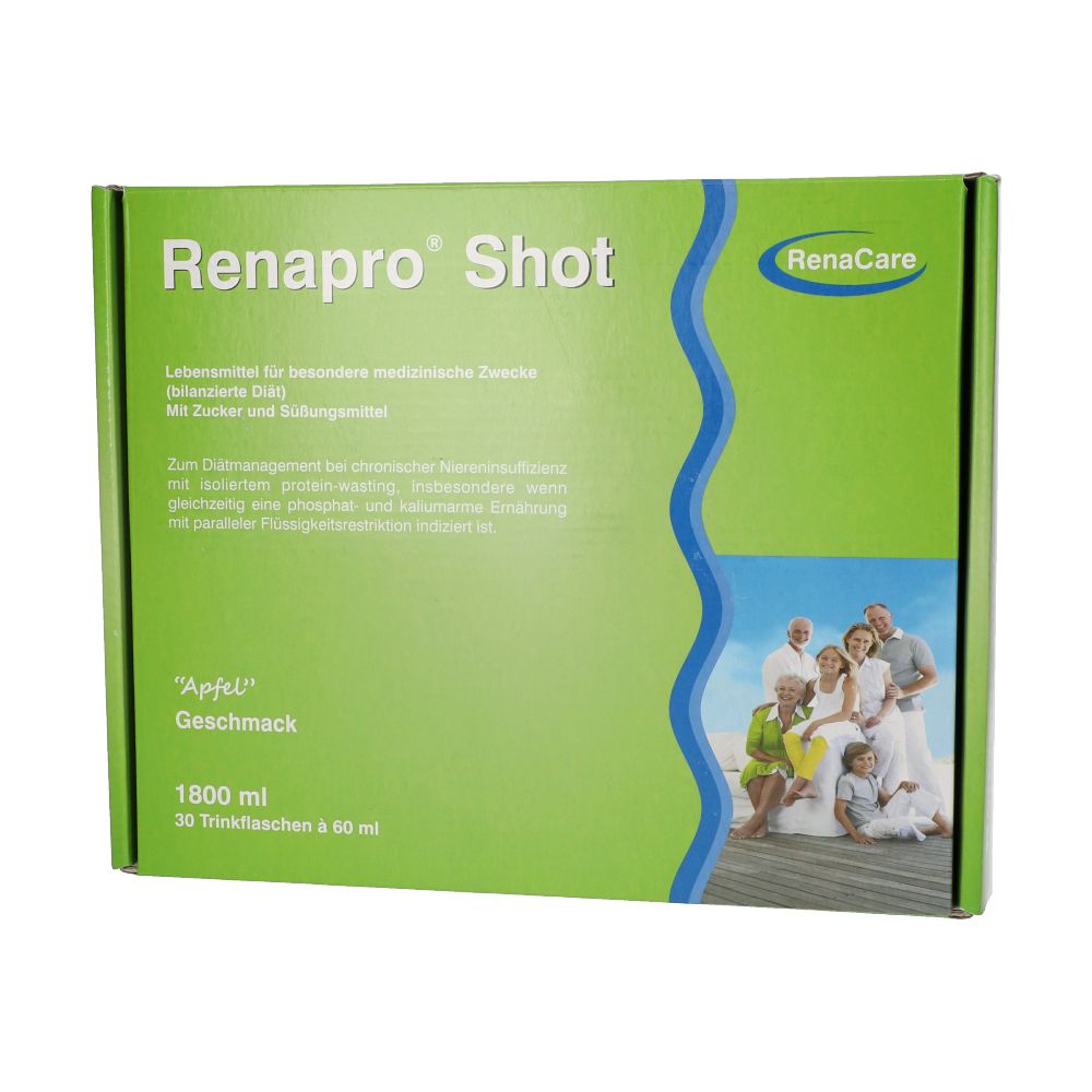 Grüne Schachtel "Renapro Shot Apfel". Text: Lebensmittel für besondere medizinische Zwecke. 1800 ml, 30 Flaschen.