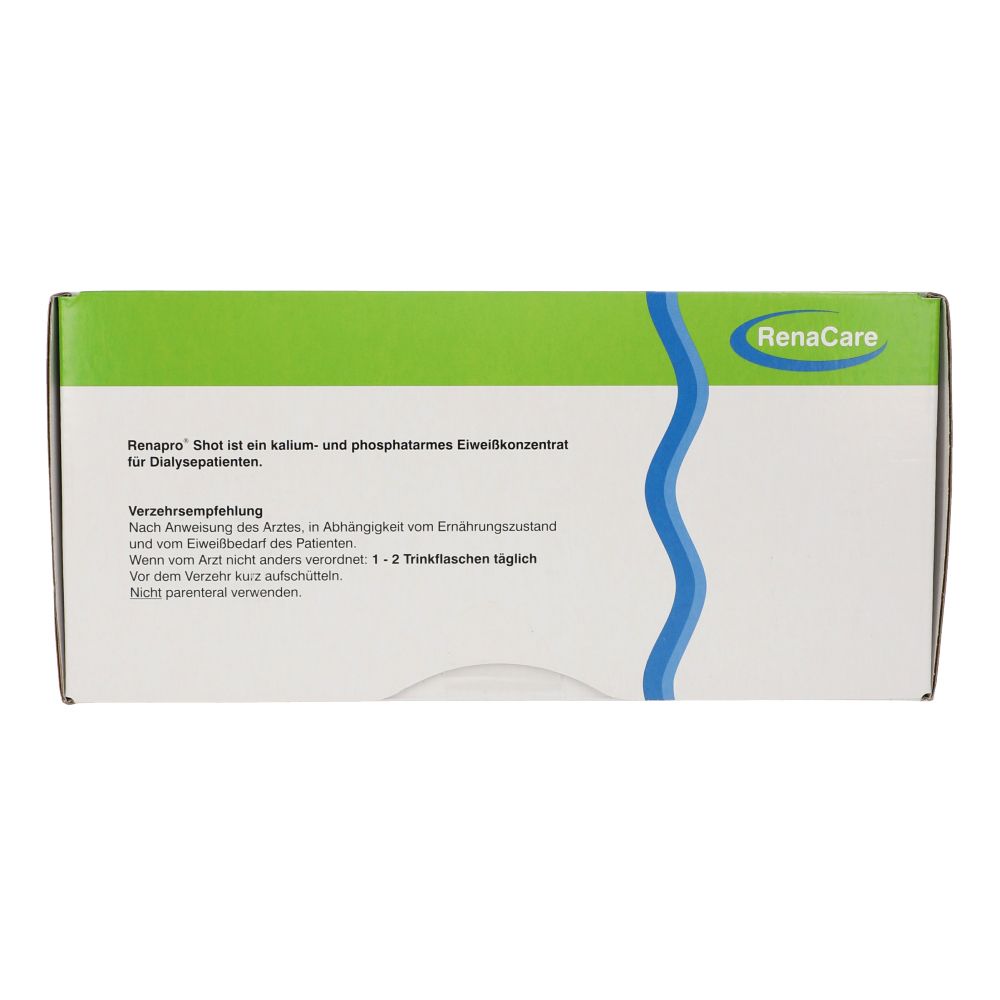 Rückseite der Schachtel "Renapro Shot". Text: Verzehrsempfehlung, Lagerung, Inhalt, wichtige Hinweise.
