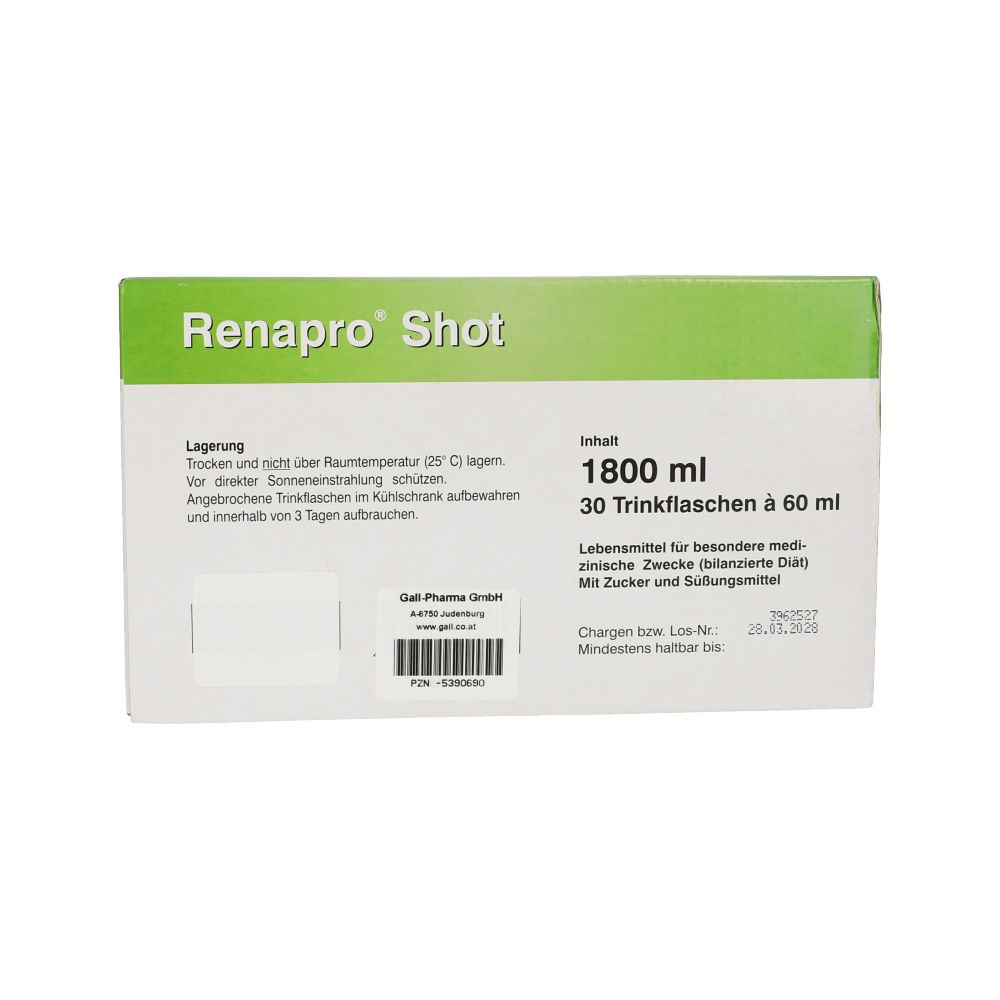 Rückseite der Schachtel "Renapro Shot". Text: Lagerung, Inhalt 1800 ml, 30 Trinkflaschen à 60 ml.