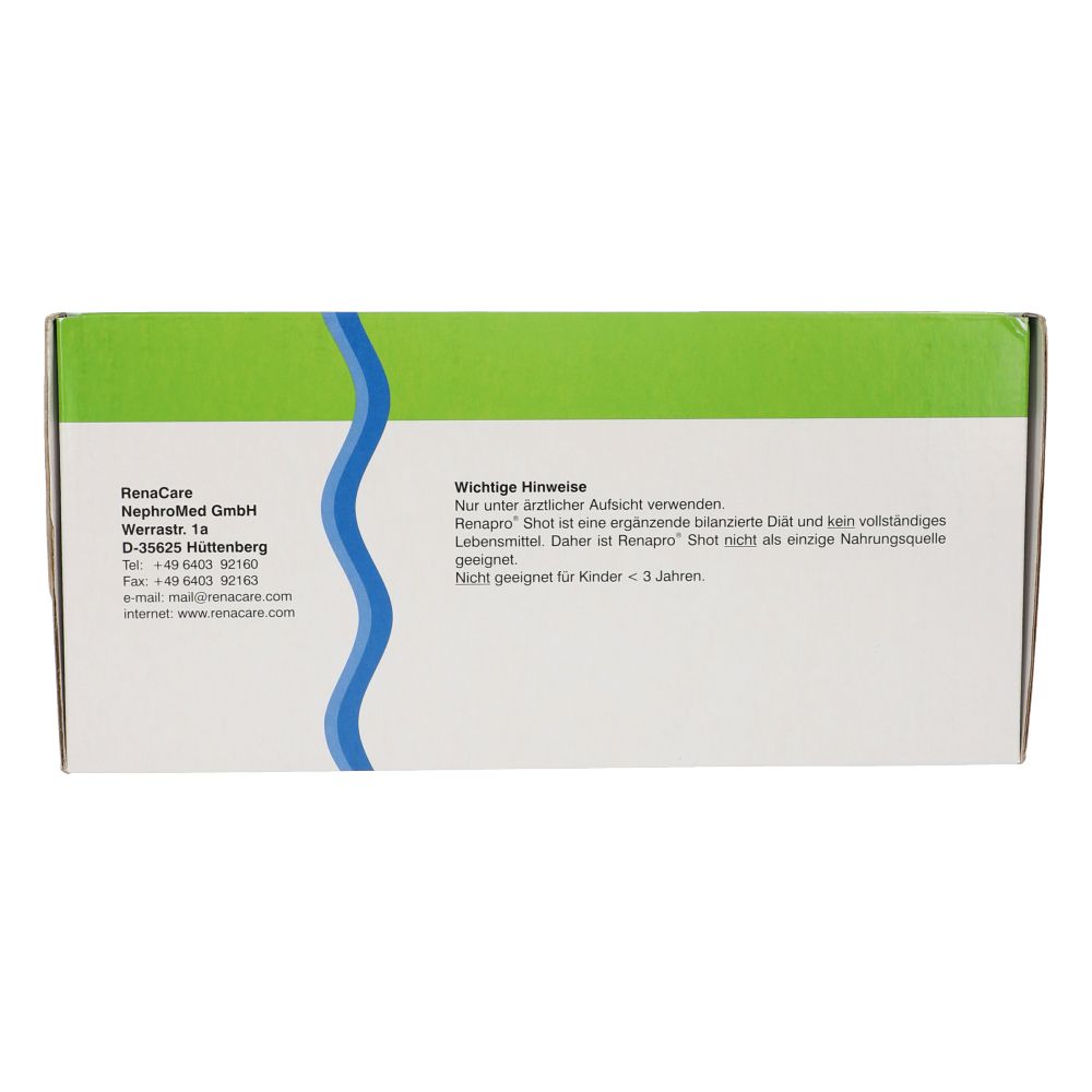 Rückseite der Schachtel "Renapro Shot". Text: NephroMed GmbH, wichtige Hinweise, nicht für Kinder unter 3 Jahren.