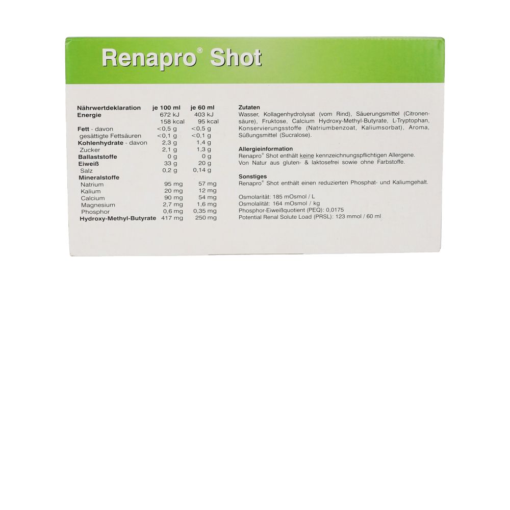 Rückseite der Schachtel "Renapro Shot". Text: Nährwerttabelle, Zutaten, Allergiehinweis, sonstige Angaben.