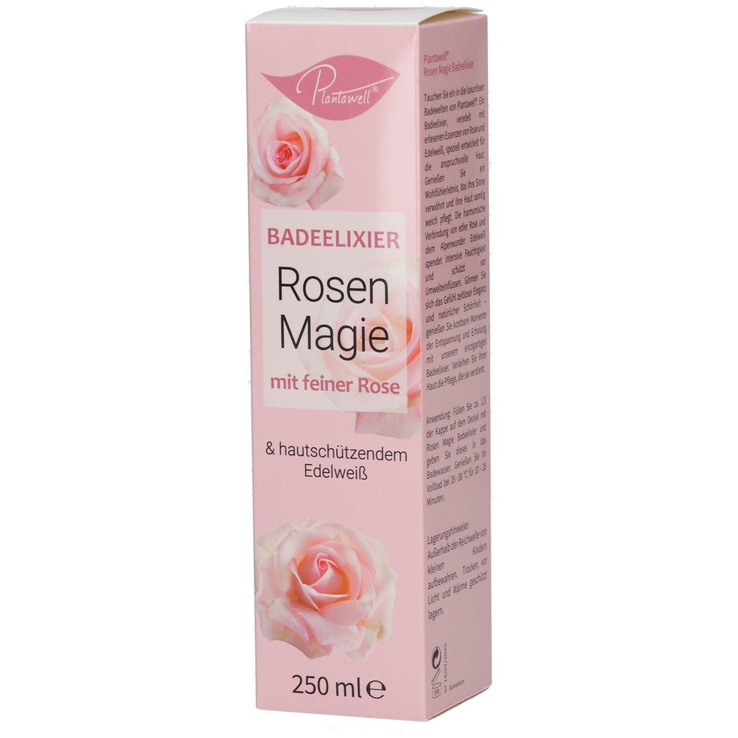 Rosa Verpackung mit Produktnamen und Rosenabbildung. Text: Badeelixier Rosen Magie mit feiner Rose & hautschützendem Edelweiß. 250 ml.