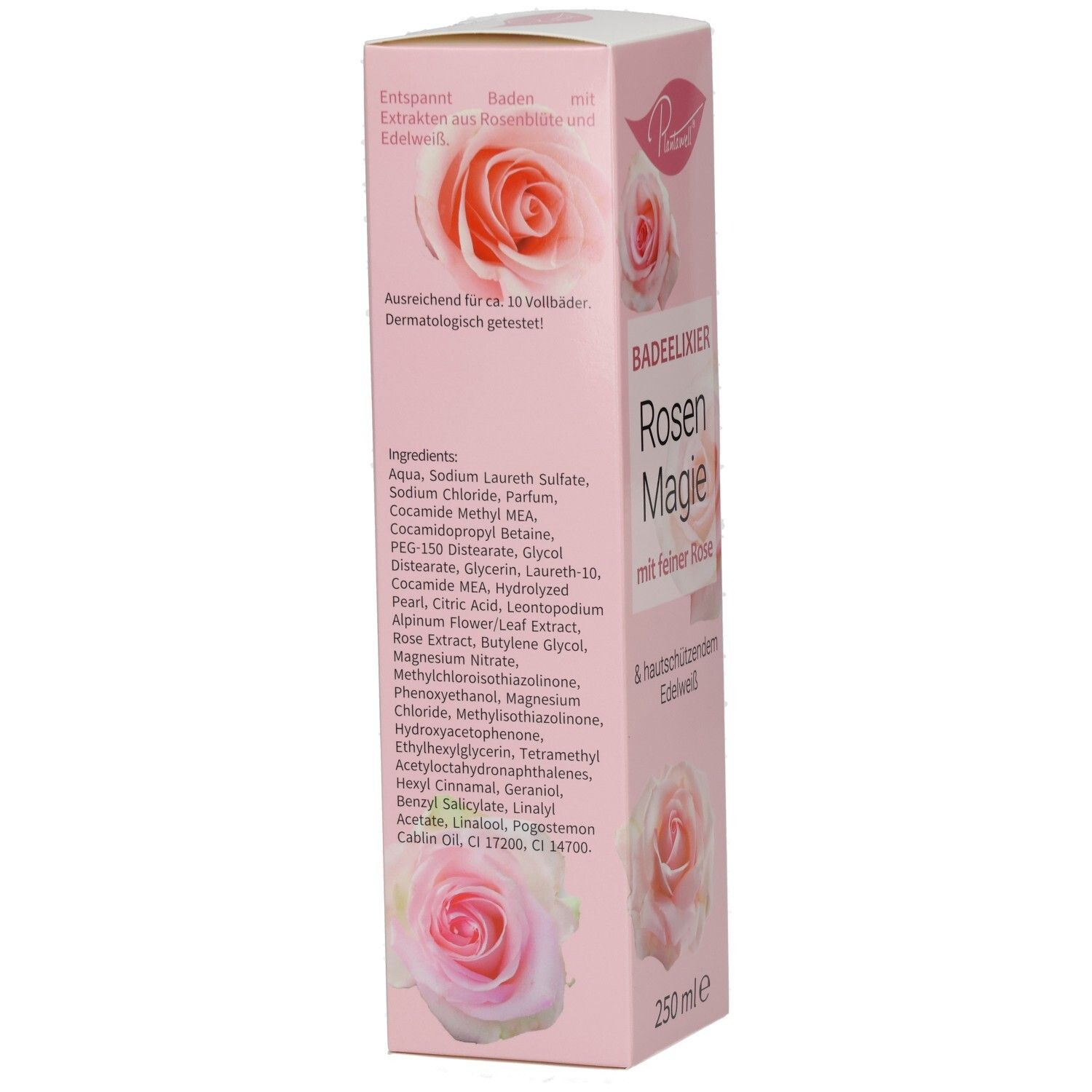 Rückseite der rosa Verpackung mit Inhaltsstoffen und Produktinformationen. Rosenabbildung. Text: Badeelixier Rosen Magie. 250 ml.