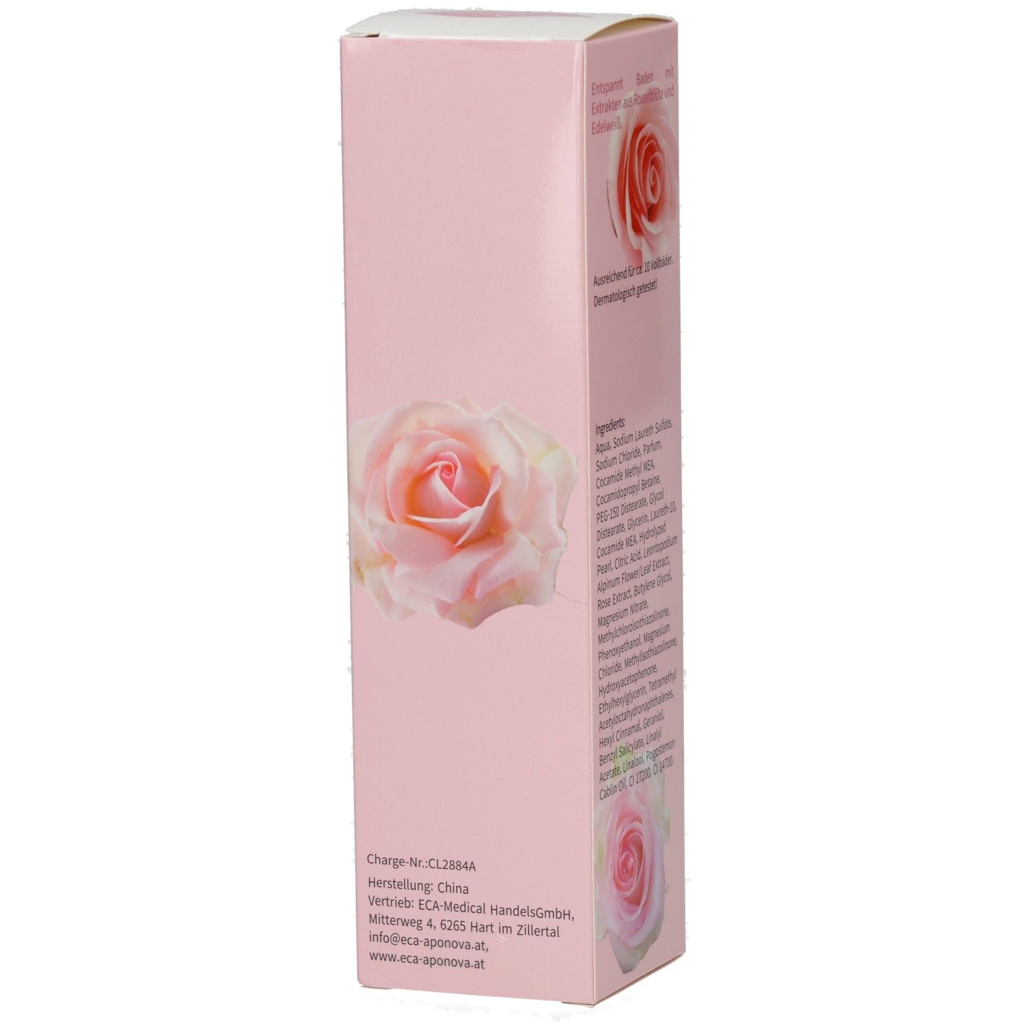 Seite der rosa Verpackung mit Produktinformationen und Rosenabbildung. Text: Badeelixier Rosen Magie. Herstellerinformationen.