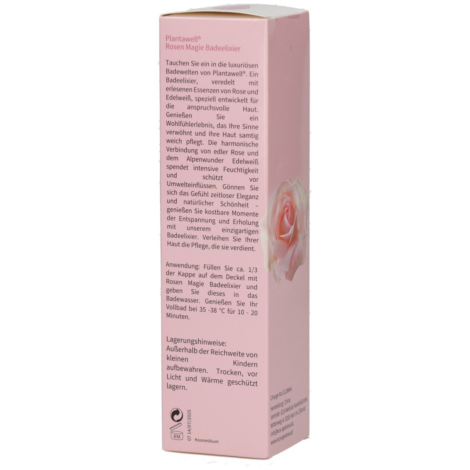Seite der rosa Verpackung mit Produktinformationen und Rosenabbildung. Text: Badeelixier Rosen Magie. Anwendungshinweise.