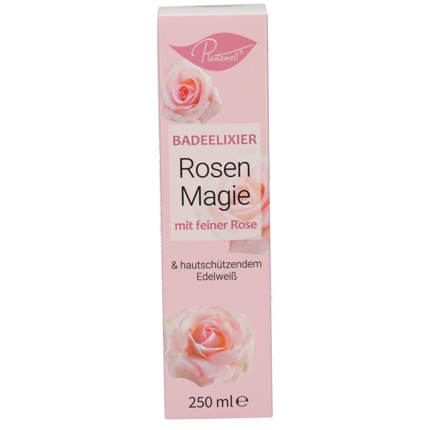 Rosa Verpackung mit Produktnamen und Rosenabbildung. Text: Badeelixier Rosen Magie mit feiner Rose & hautschützendem Edelweiß. 250 ml.