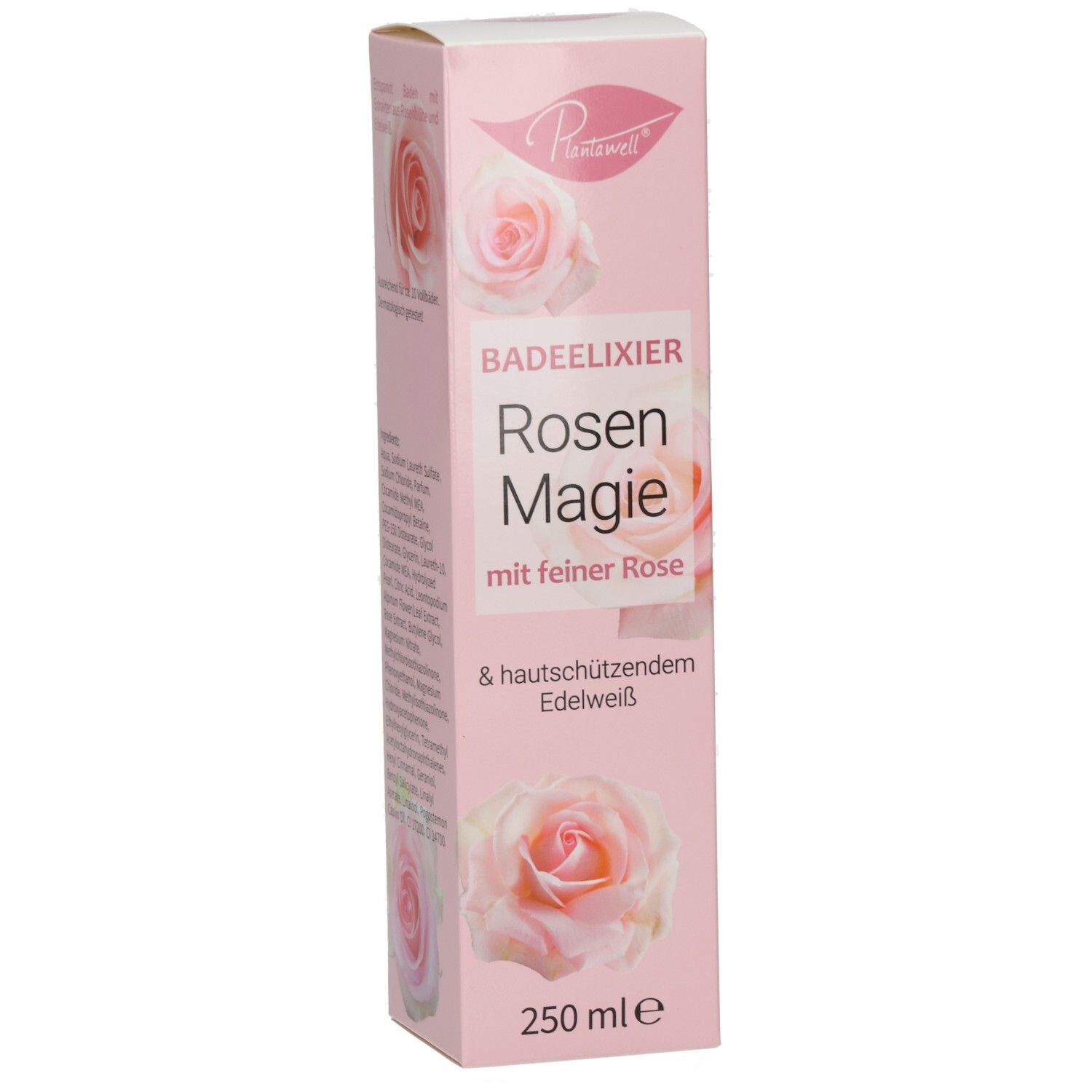 Rosa Verpackung mit Produktnamen und Rosenabbildung. Text: Badeelixier Rosen Magie mit feiner Rose & hautschützendem Edelweiß. 250 ml.