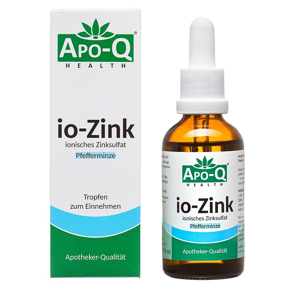 Braune Glasflasche mit Tropfer und Karton. Aufschrift: io-Zink, ionisches Zinksulfat, Pfefferminze. Apotheker-Qualität.
