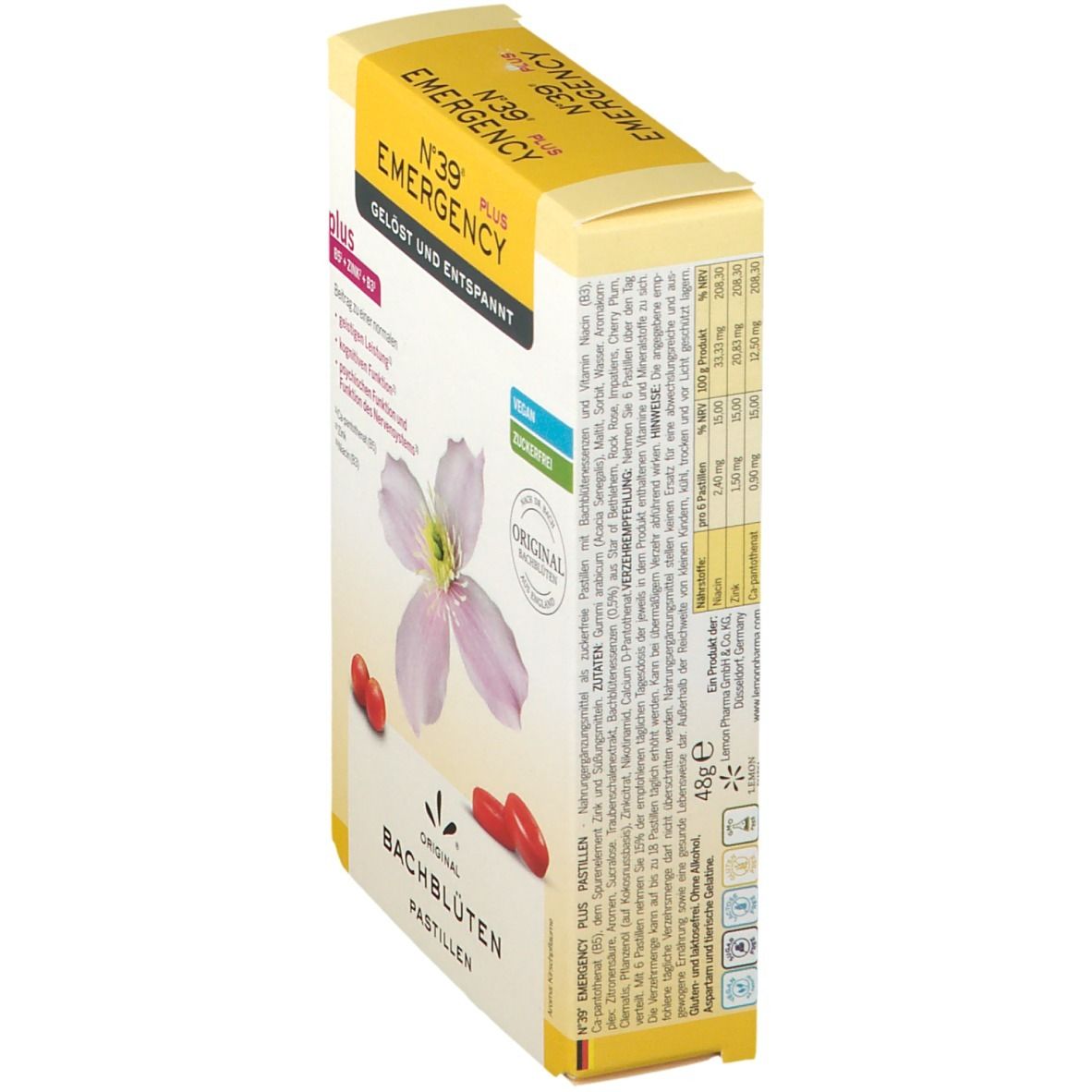 Schrägansicht der Kartonverpackung mit Pastillen. Aufschrift: N°39 EMERGENCY PLUS, ORIGINAL BACHBLÜTEN PASTILLEN. Rückseite mit Text.