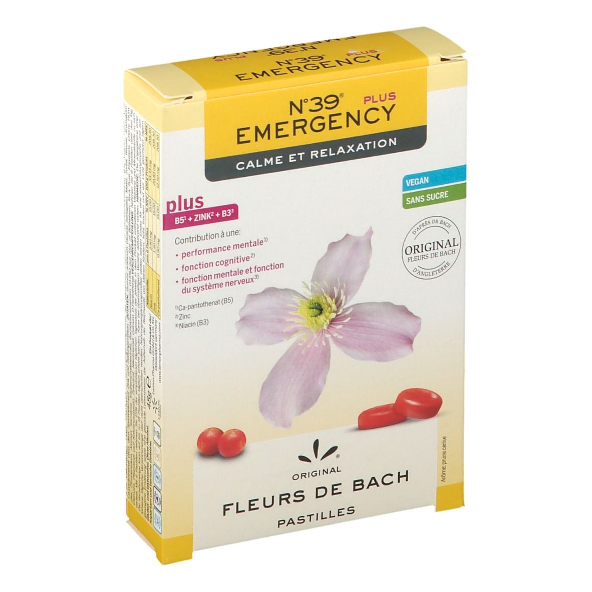 Kartonverpackung mit Pastillen. Aufschrift: N°39 EMERGENCY PLUS, ORIGINAL FLEURS DE BACH PASTILLES. Kirschblüten-Illustration und rote Pastillen.