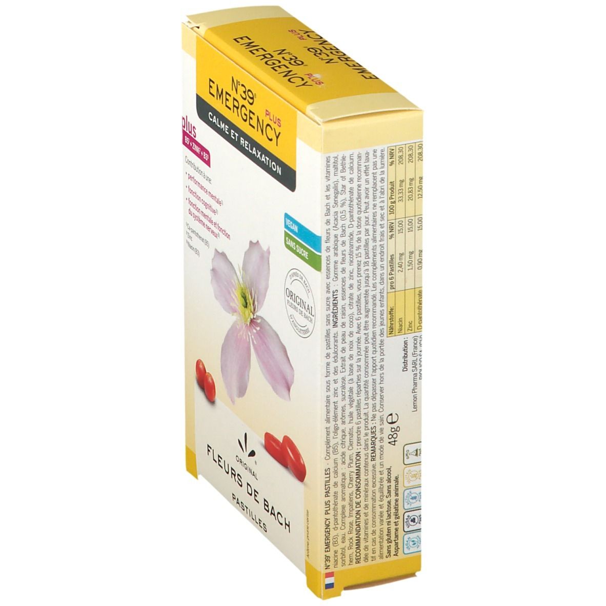 Schrägansicht der Kartonverpackung mit Pastillen. Aufschrift: N°39 EMERGENCY PLUS, ORIGINAL FLEURS DE BACH PASTILLES. Rückseite mit Text.