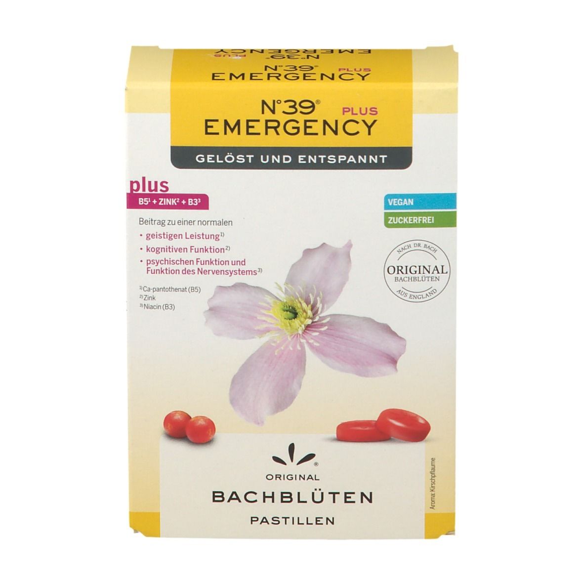 Kartonverpackung mit Pastillen. Aufschrift: N°39 EMERGENCY PLUS, ORIGINAL BACHBLÜTEN PASTILLEN. Kirschblüte-Illustration und rote Pastillen.