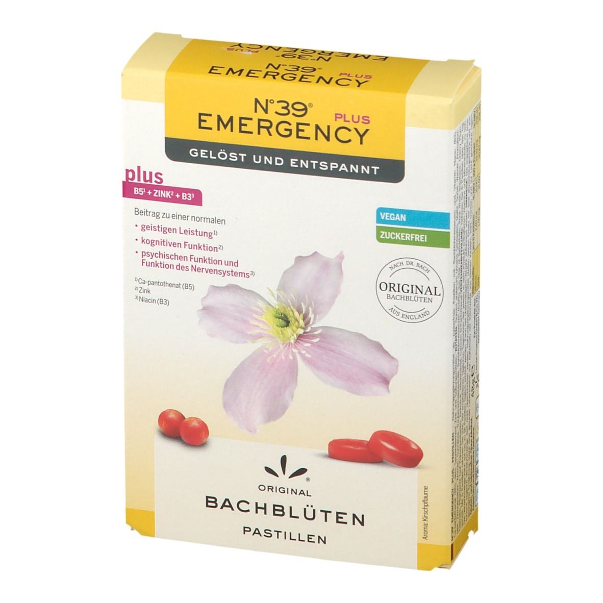 Kartonverpackung mit Pastillen. Aufschrift: N°39 EMERGENCY PLUS, ORIGINAL BACHBLÜTEN PASTILLEN. Kirschblüte-Illustration und rote Pastillen.