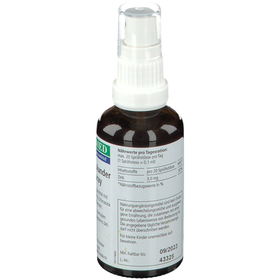 Rückseite der Flasche. Text mit Nährwertangaben und Haltbarkeitsdatum 09/2023. Hersteller: HERBAMED AG.