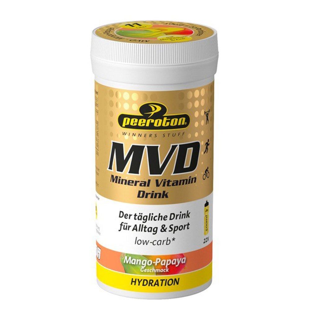 Weiße Dose mit goldfarbenem Etikett. Aufschrift: MVD Mineral Vitamin Drink Mango-Papaya. Deckel mit gelbem Aufdruck.
