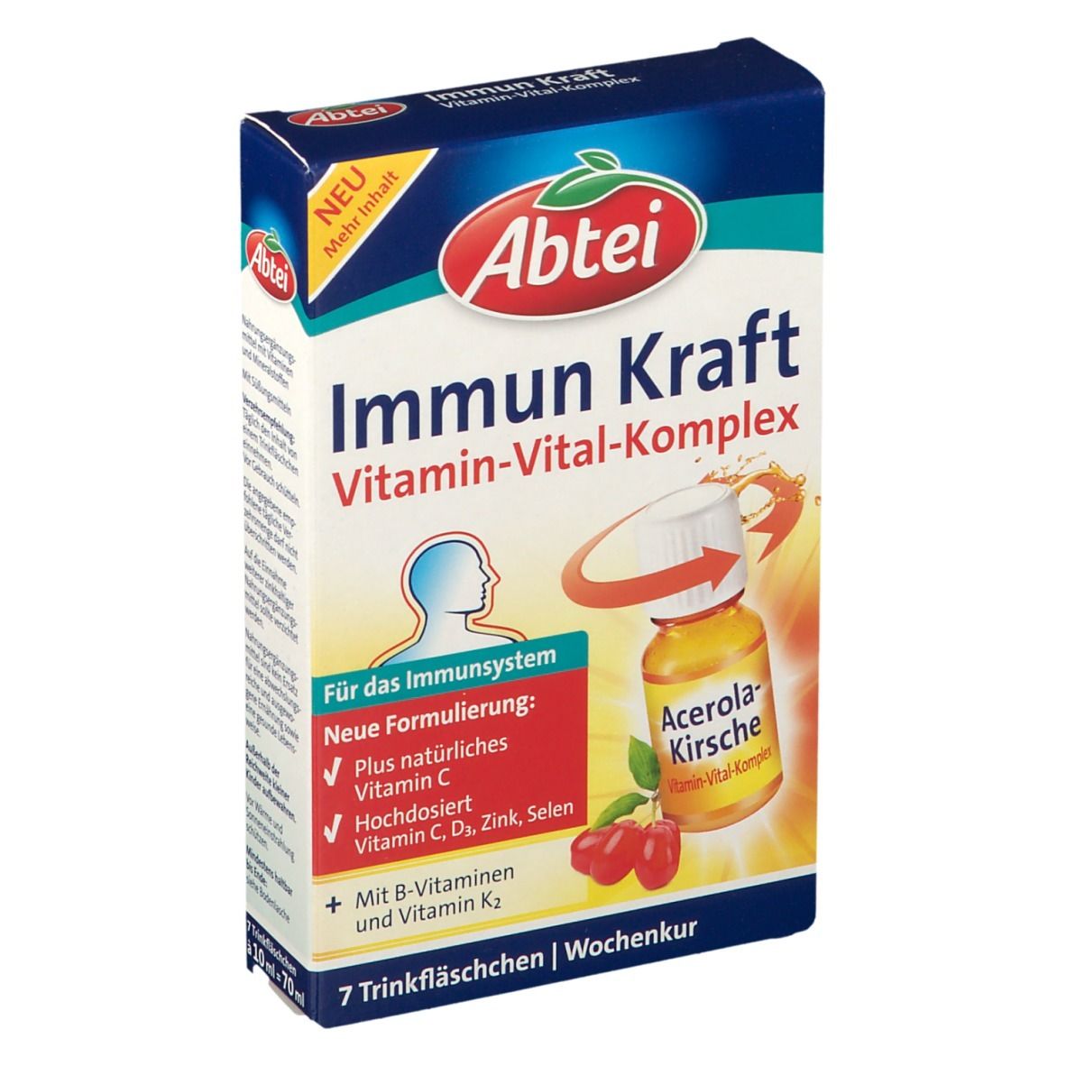 Abtei Immun Kraft Vitamin-Vital-Komplex. Packung mit 7 Trinkfläschchen. Enthält Acerola-Kirsche und Vitamine.