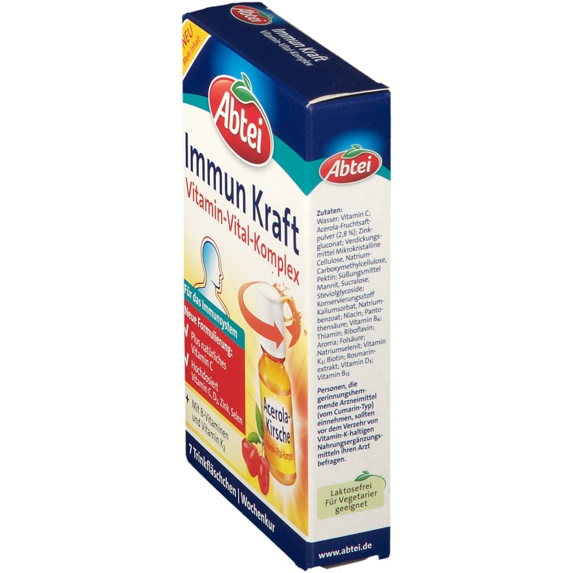 Abtei Immun Kraft Vitamin-Vital-Komplex. Seitenansicht der Packung mit Zutatenliste und Informationen.
