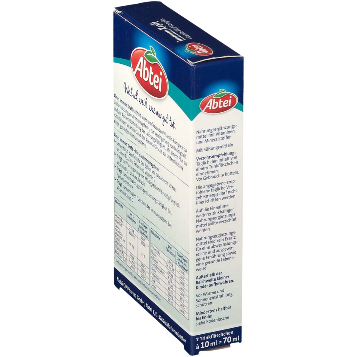 Abtei Immun Kraft Vitamin-Vital-Komplex. Seitenansicht der Packung mit Produktinformationen und Nährwertangaben.