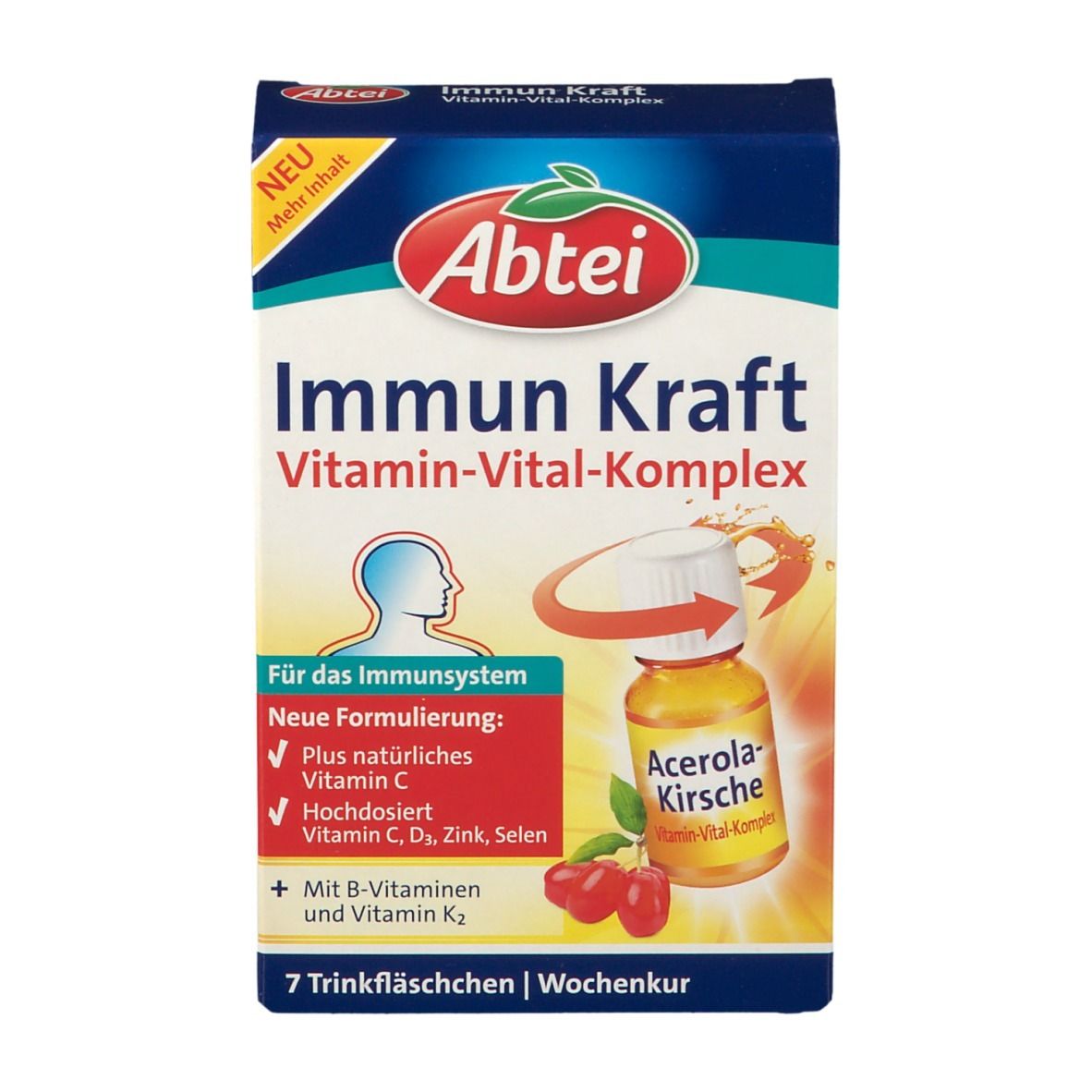 Abtei Immun Kraft Vitamin-Vital-Komplex. Vorderansicht der Packung mit Produktnamen und Inhaltsstoffen.