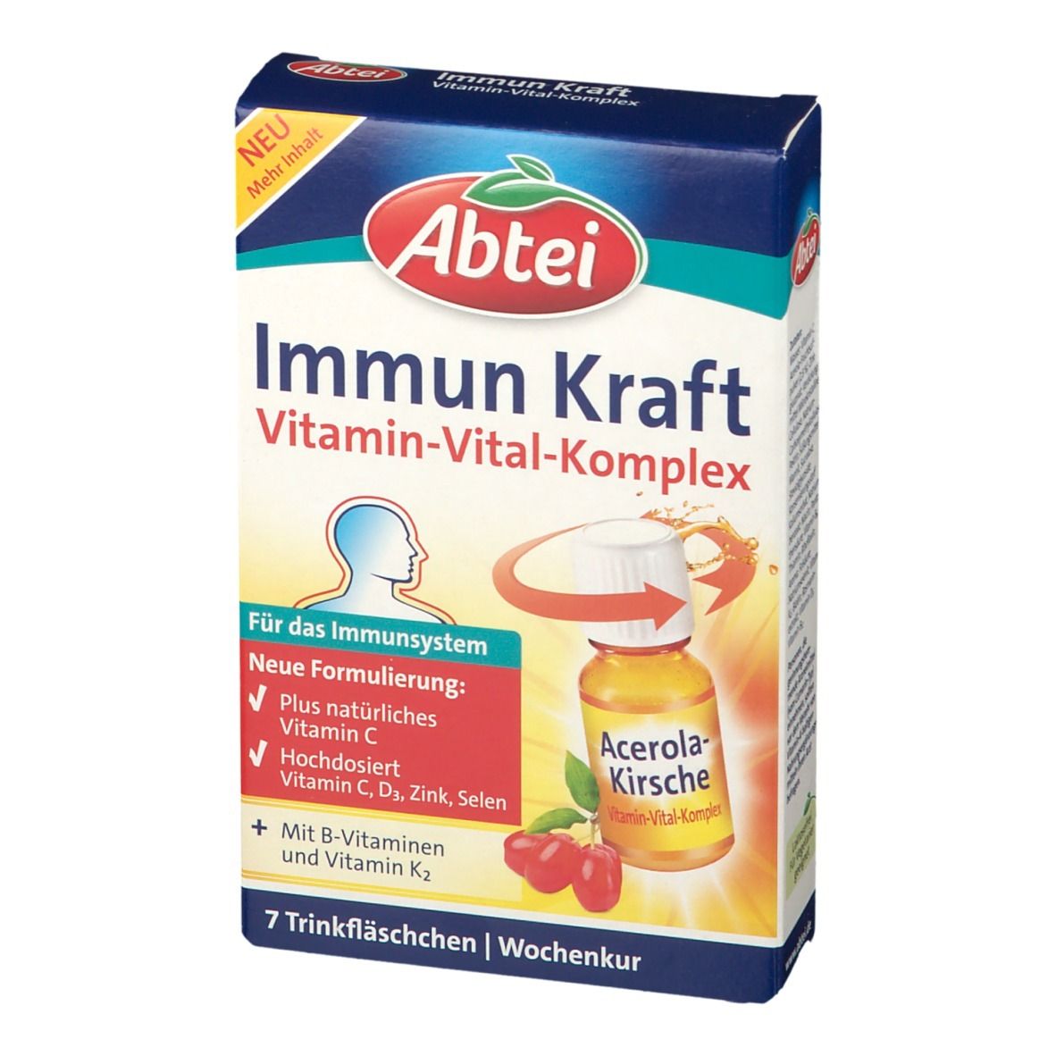 Abtei Immun Kraft Vitamin-Vital-Komplex. Vorderansicht der Packung mit Produktnamen und Inhaltsstoffen.