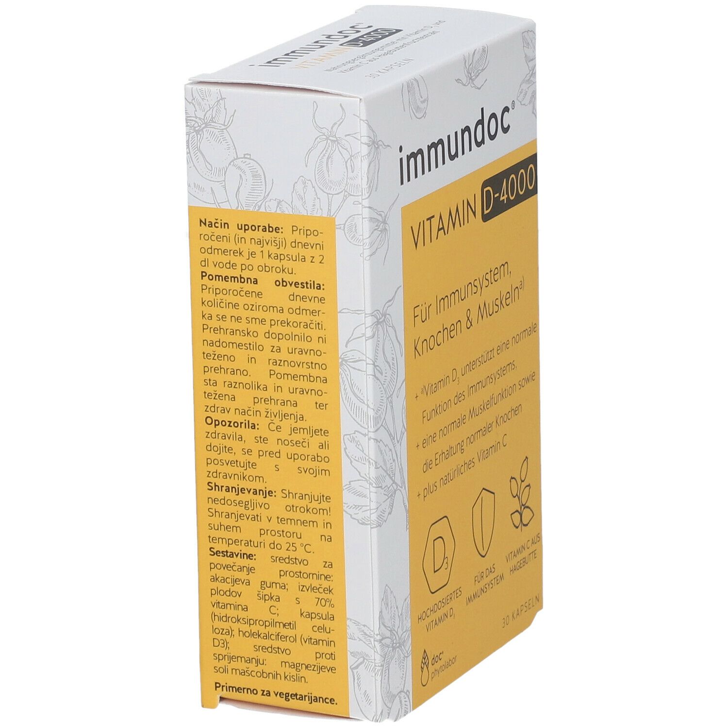Seitenansicht der Verpackung von immundoc VITAMIN D-4000. Gelber Text auf weißem Hintergrund. Enthält Informationen.