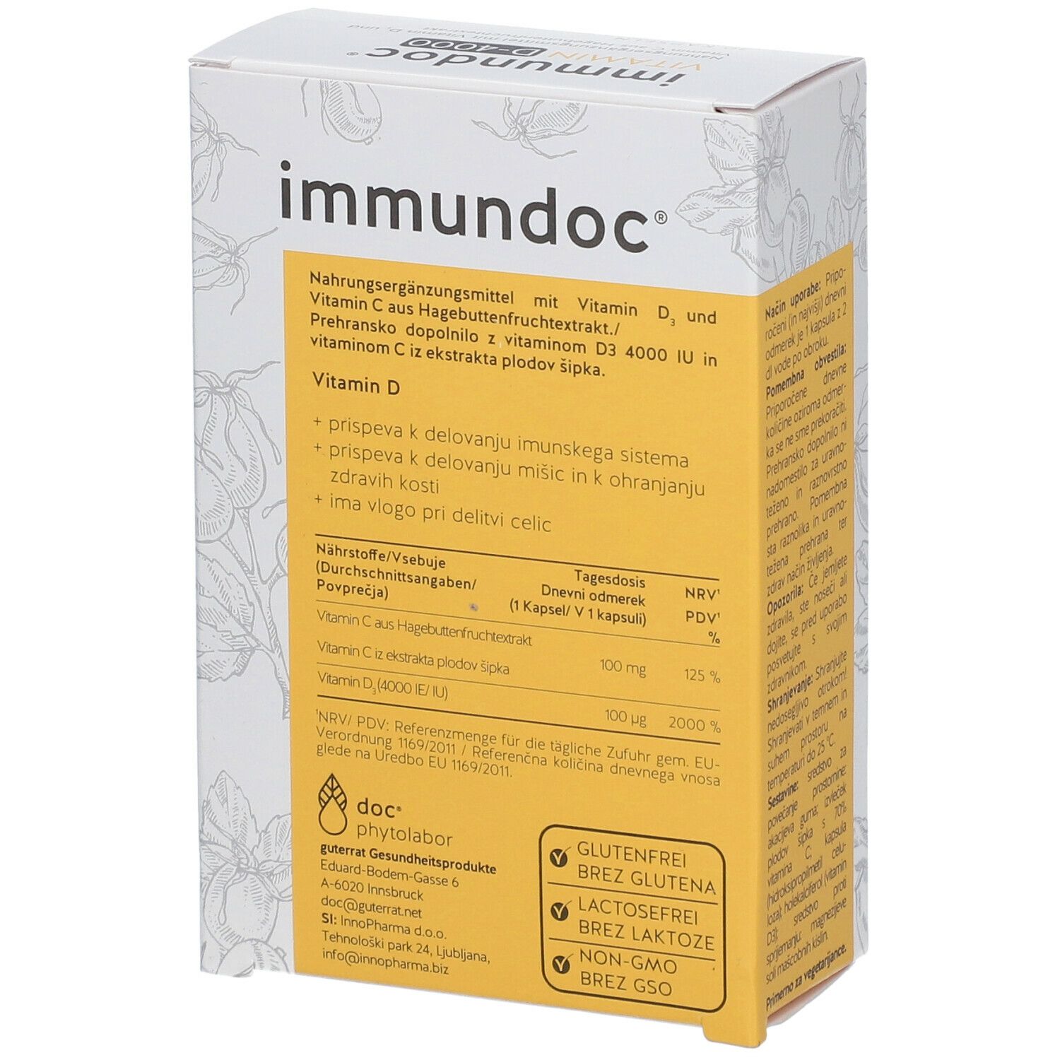 Rückseite der Verpackung von immundoc VITAMIN D-4000. Enthält Informationen zu Inhaltsstoffen und Nährwerten.