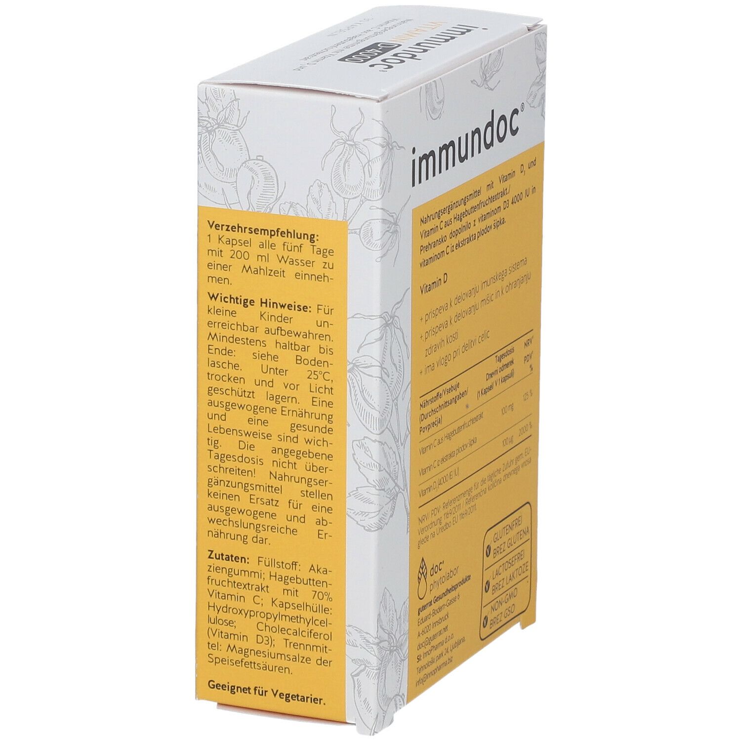 Seitenansicht der Verpackung von immundoc VITAMIN D-4000. Enthält Informationen zur Anwendung und Lagerung.