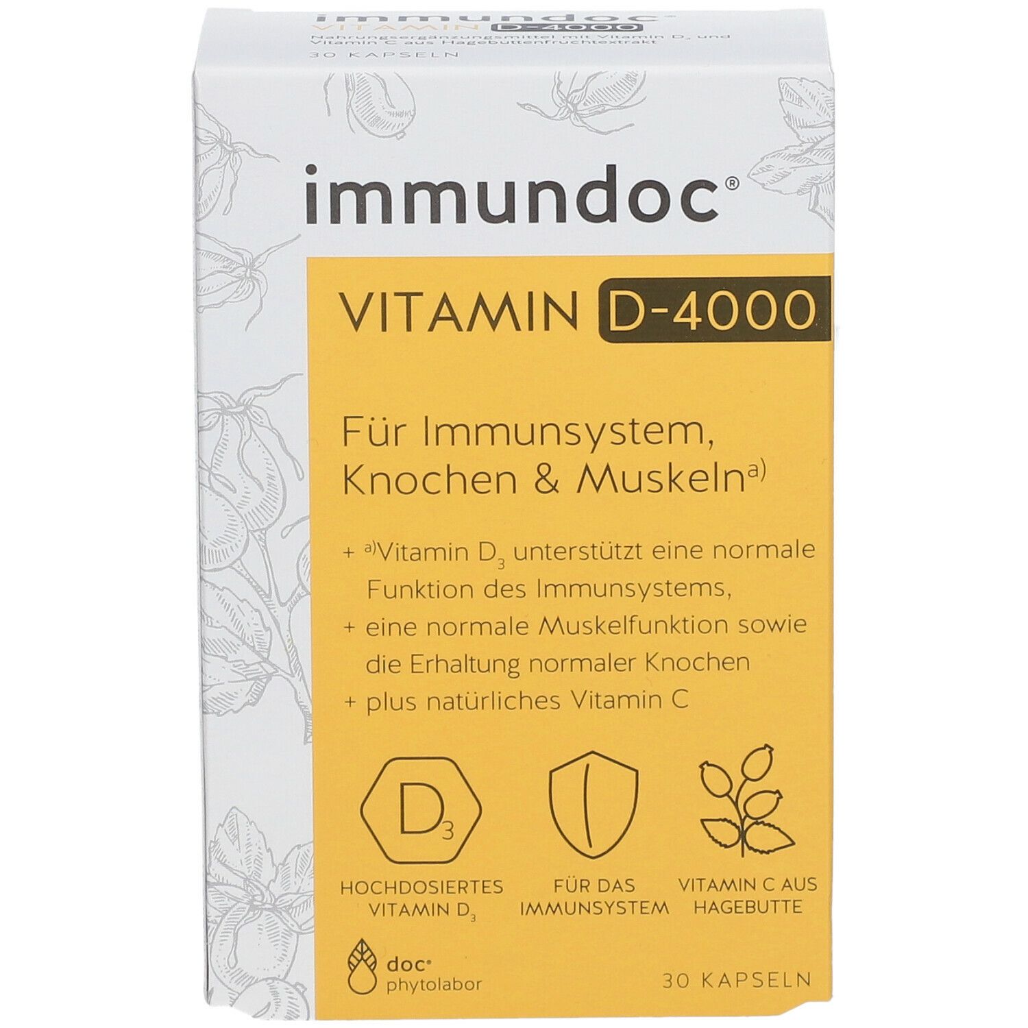 Vorderansicht der Verpackung von immundoc VITAMIN D-4000. Gelber Text auf weißem Hintergrund. Enthält 30 Kapseln.