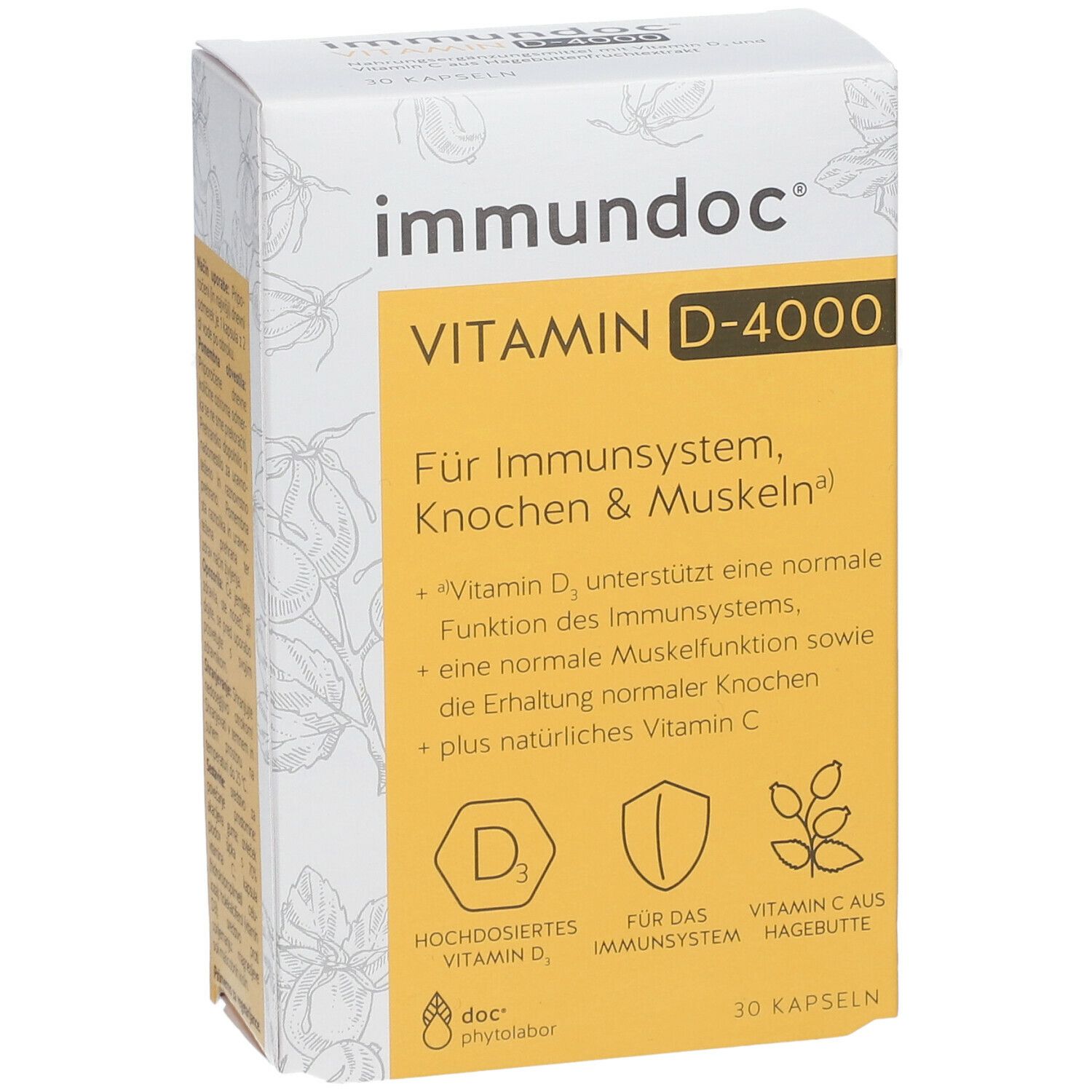 Vorderansicht der Verpackung von immundoc VITAMIN D-4000. Gelber Text auf weißem Hintergrund. Enthält 30 Kapseln.