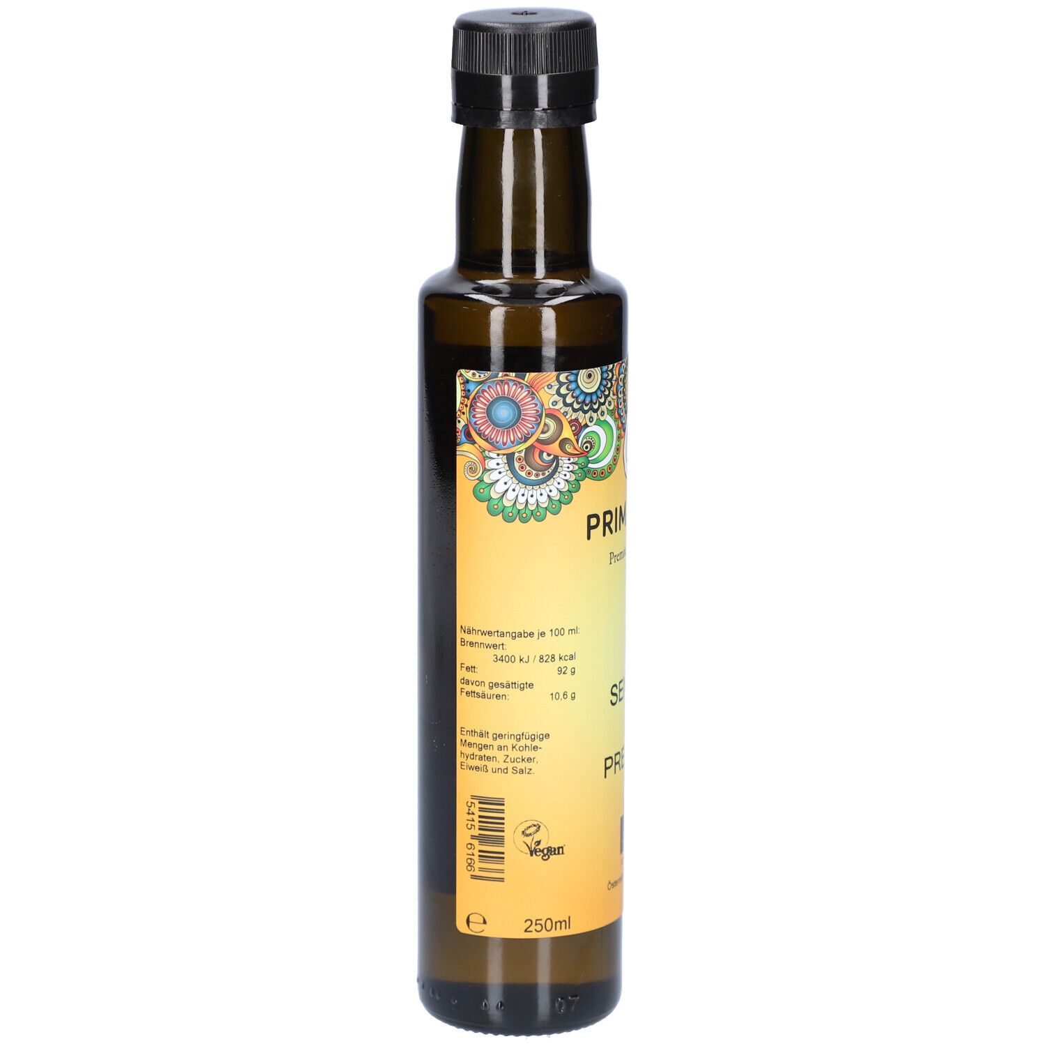 Braune Glasflasche mit schwarzem Deckel. Aufkleber mit Nährwertangaben und Text. Aufschrift: PRIMABENE, SENFÖL PREMIUM.
