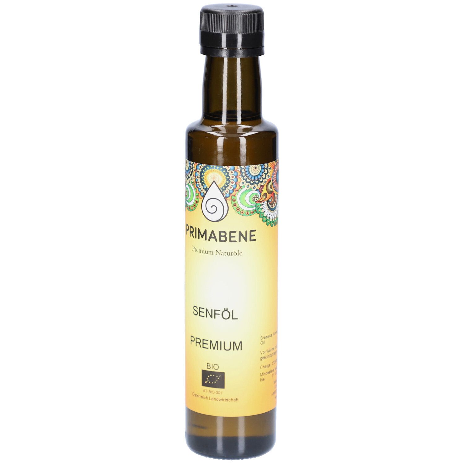 Braune Glasflasche mit schwarzem Deckel. Aufschrift: PRIMABENE, SENFÖL PREMIUM BIO. Mit Bio-Siegel.